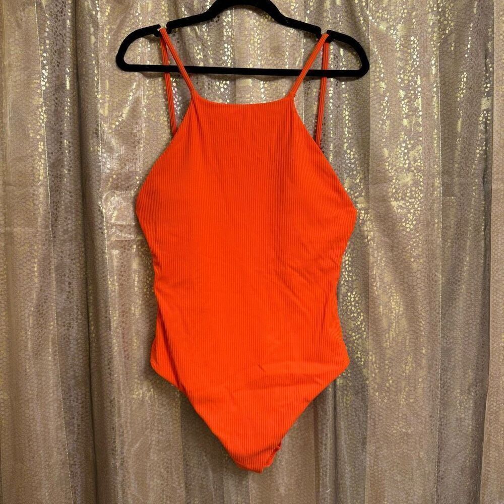 Andie Asbury Ribbed One Piece Swimsuit Bright Orange High Neck XL NWT